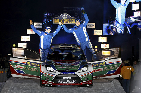 Mikko Hirvonen og Jarmo Lehtinen i Ford Fiesta RS WRC #3 vindere af Rally Sverige 2011.